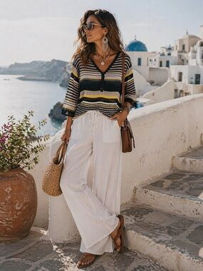 Striped V-Neck Pullover Top in Yellow, Black & Gray ruffle bottom L
